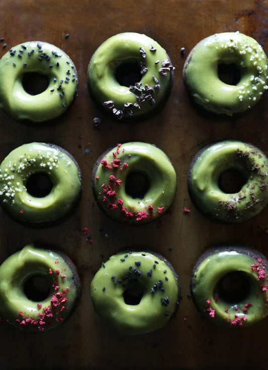 Baked Chocolate Doughnuts with Matcha Glaze