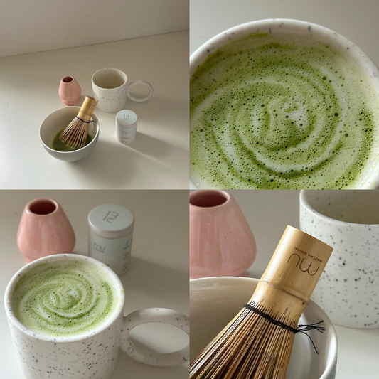 Preparing ceremonial matcha with whisk showing smooth matcha latte as coffee alternative for bloating