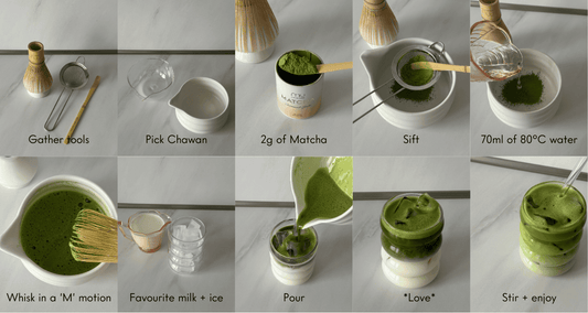 Step-by-step matcha preparation: tools, sifted matcha, whisking, pouring, and iced matcha served, photographed in a minimal ritual setup.
