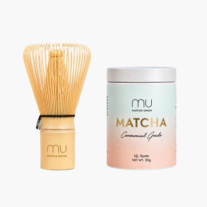 Matcha Union Ceremonial Matcha Kit with a 30g tin of Uji, Kyoto matcha and a logo-engraved bamboo whisk, for traditional matcha preparation.