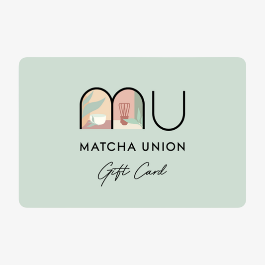 Mint-green Matcha Union gift card design featuring the illustrated brand logo and ‘Gift Card’ lettering, representing a digital gift that lets the recipient choose their matcha.