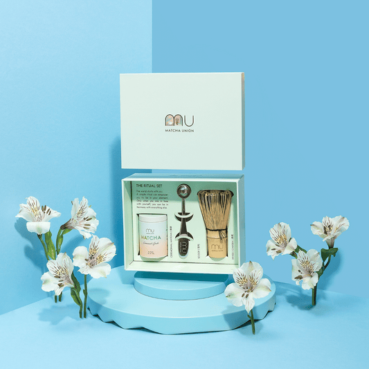Matcha Union Ritual Set displayed in its open gift box on a blue pedestal, showing ceremonial matcha, a bamboo whisk and steel scoop surrounded by white flowers.